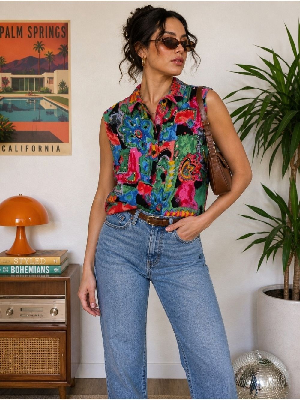 Vintage Beaded Sequin Abstract Floral Sleeveless Top Y2K Retro Medium